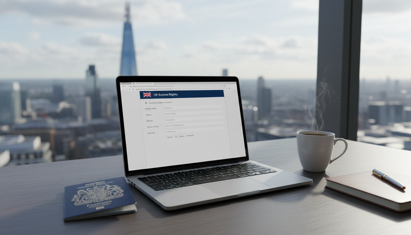 A high-quality, photorealistic image of a modern office desk in London featuring a laptop displaying a business registration form, a British passport, and a cup of coffee, with a blurred background of the London City skyline through a window, highlighting a professional business atmosphere.