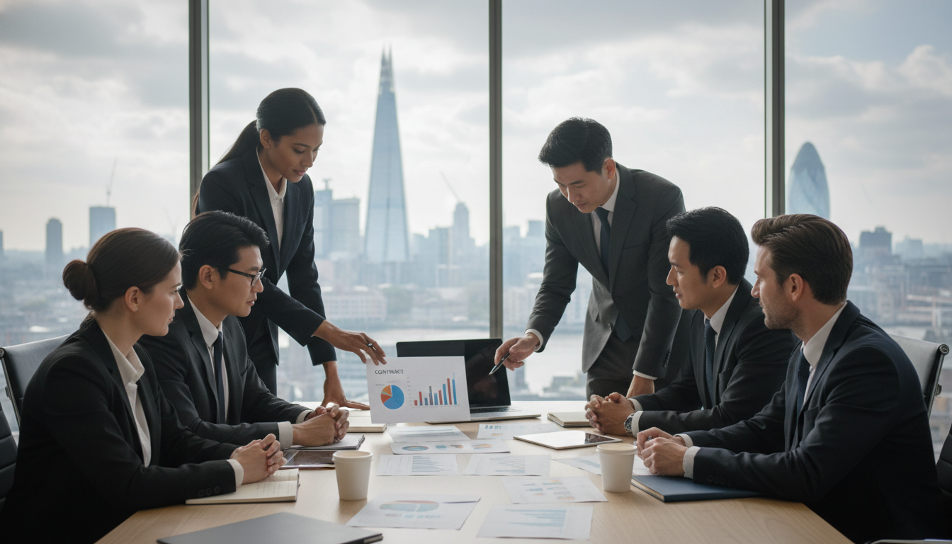 A photorealistic, high-resolution image of a professional diverse business team meeting in a modern, glass-walled office in London, with the blurred skyline of The Shard and The Gherkin visible in the background. They are reviewing contracts and charts on a table, conveying a serious, professional atmosphere.