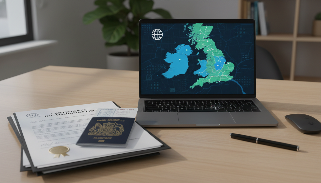 A photorealistic, high-quality image of a modern desk setup with a laptop displaying a digital map of the United Kingdom, alongside official-looking business documents and a passport, symbolizing international business registration. Soft, professional lighting.
