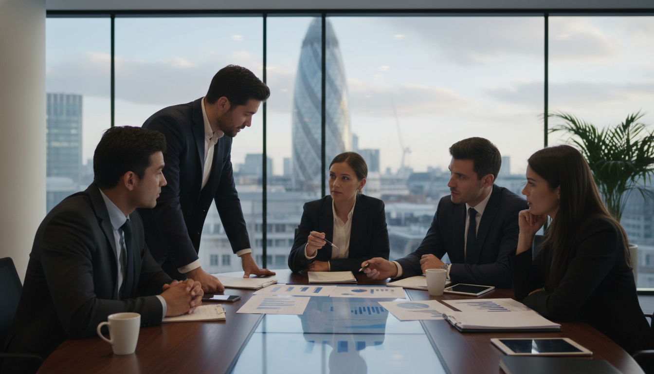 A photorealistic image of a professional business consultation taking place in a modern, glass-walled office in London with the blurry skyline and the Gherkin visible in the background. A diverse group of business professionals are discussing documents and charts on a table, conveying a serious yet collaborative atmosphere.