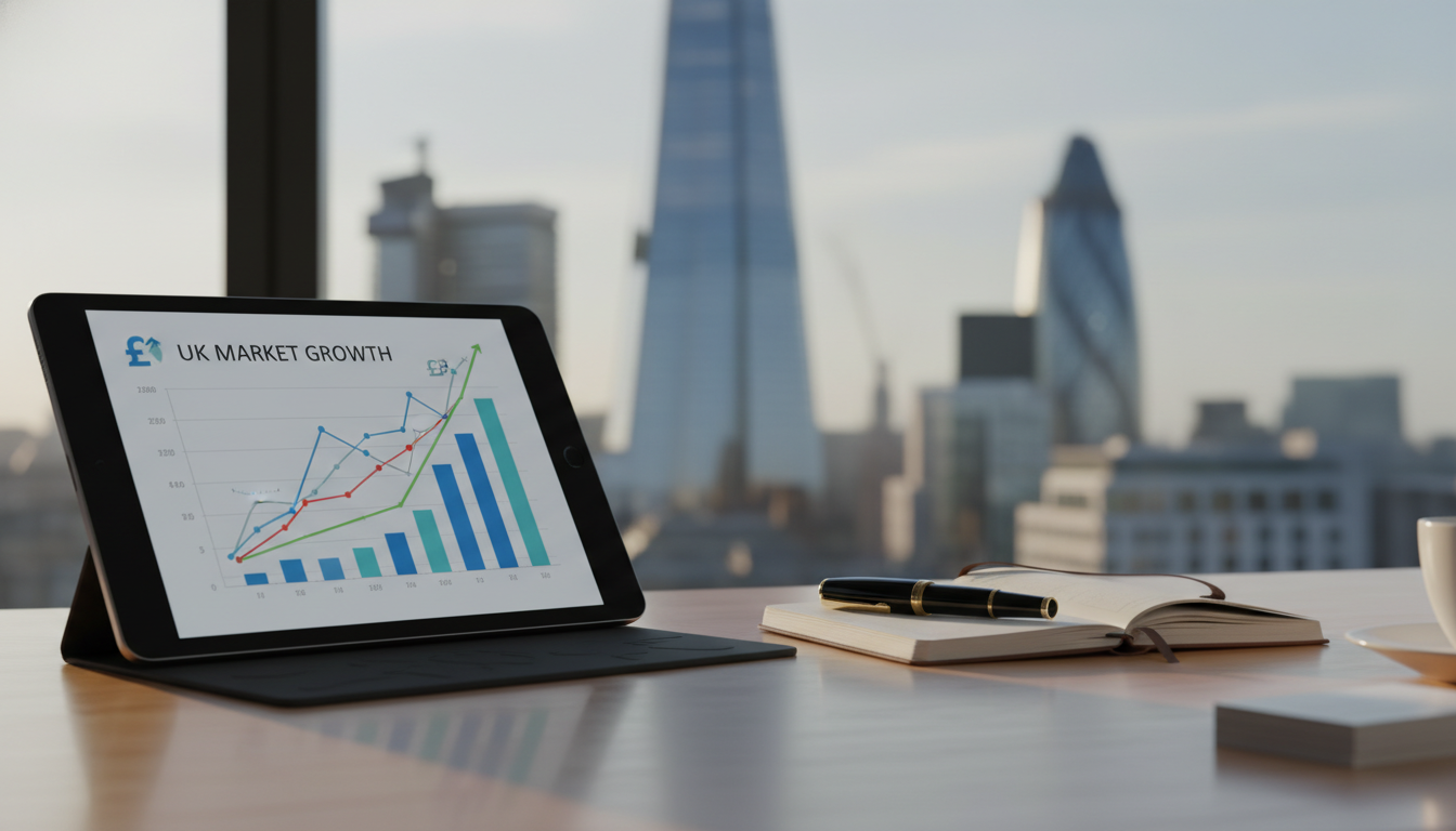 A photorealistic close-up shot of a modern office desk in London, featuring a digital tablet displaying UK market growth charts, a fountain pen, and a blurred background of the London City skyline including the Shard, warm lighting, 8k resolution, professional business atmosphere