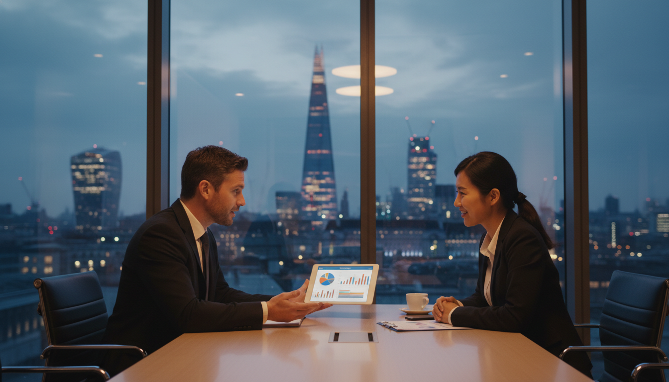 A photorealistic image of a modern, glass-walled office in London with the city skyline visible in the background, featuring a professional consultant explaining a business plan on a tablet to an international client, conveying trust and professionalism, high resolution, cinematic lighting.