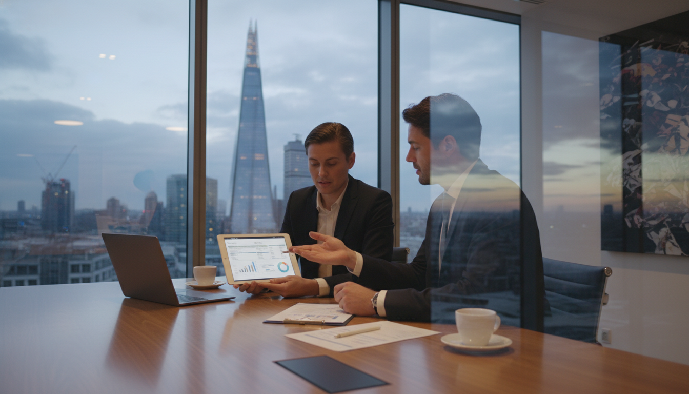 A professional consultation setting in a modern London office with a view of the city skyline, focused on a business person reviewing financial documents and tax forms on a tablet with a consultant, photorealistic style, 8k resolution, cinematic lighting, professional atmosphere.