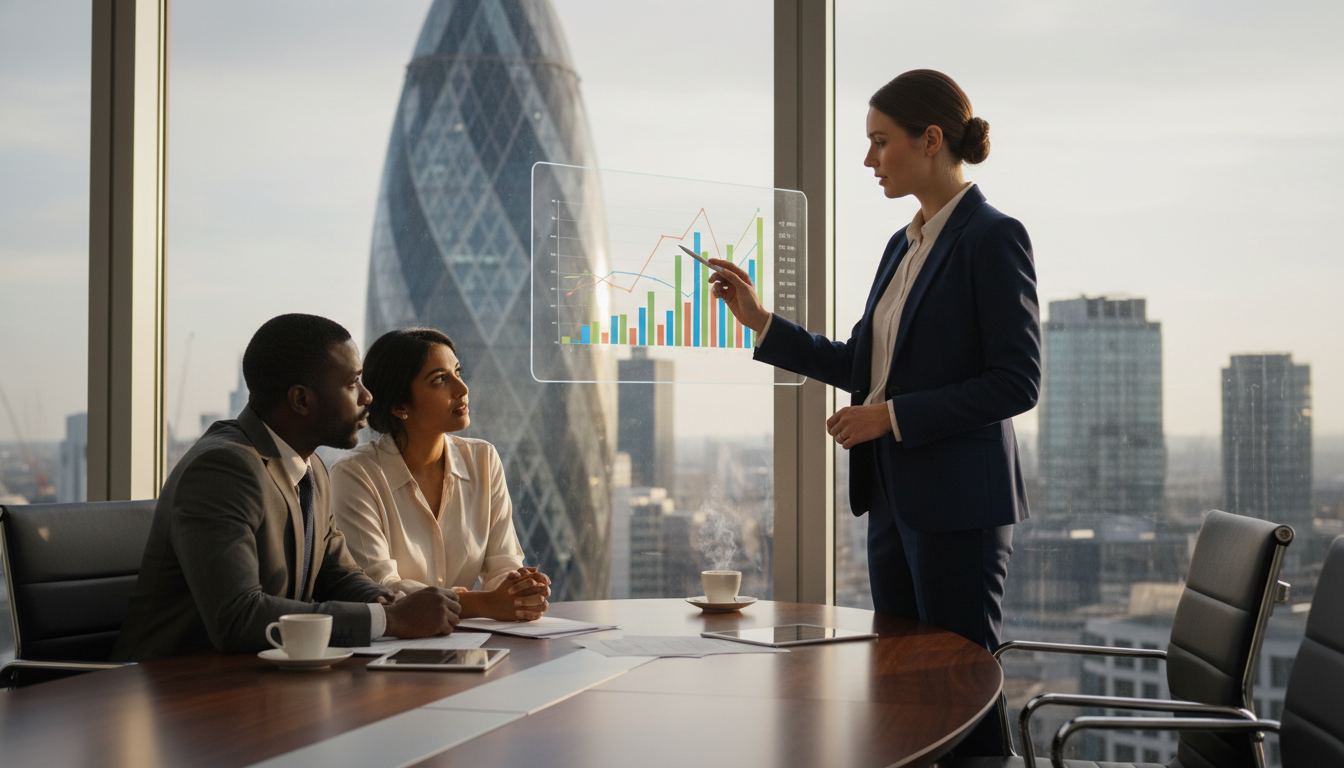 A photorealistic image of a professional financial advisor explaining a complex investment chart to a diverse couple in a high-end, glass-walled office in the City of London, with the Gherkin building visible in the background, soft lighting, business attire, 8k resolution